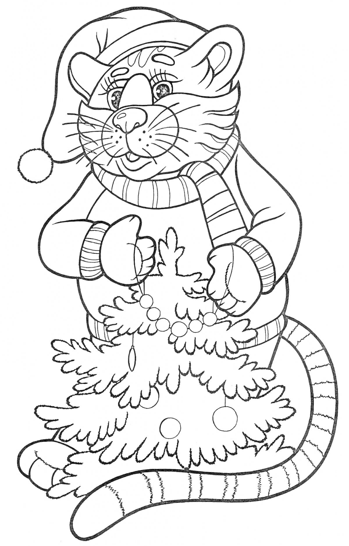 Раскраска Тигренок в новогодней шапке и шарфе, держащий рождественскую елку