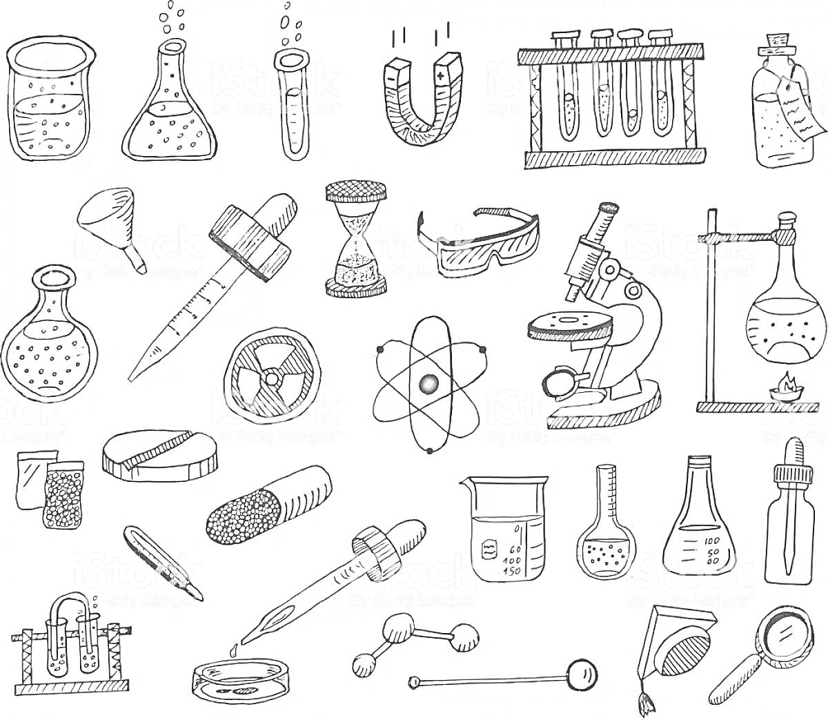 На раскраске изображено: Лаборатория, Химия, Микроскоп, Колба, Очки, Магнит, Лабораторное оборудование, Пробирки