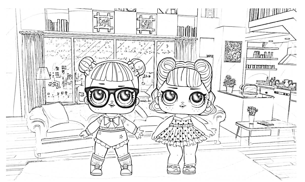 Раскраска Две куклы ЛОЛ в гостиной