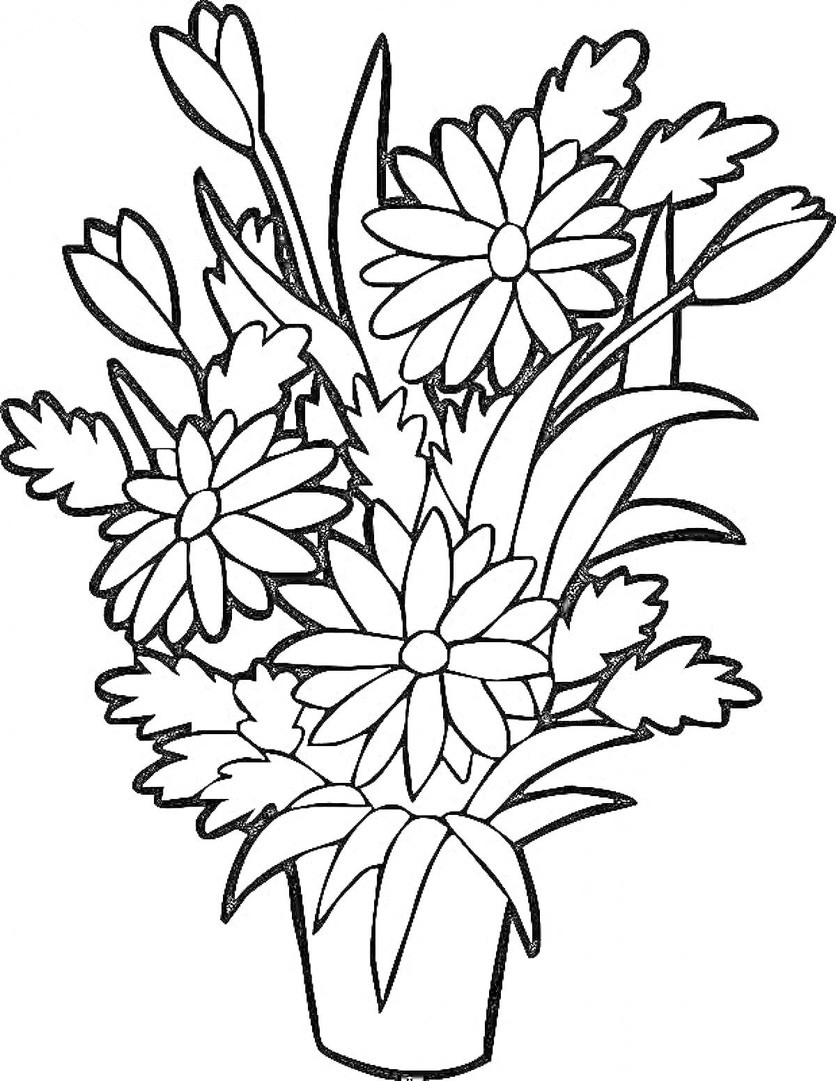 На раскраске изображено: Цветы, Листья, Ваза, Ромашка, Букет цветов, Бутон