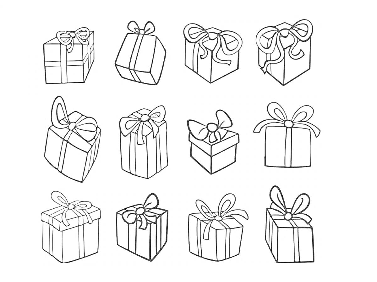 На раскраске изображено: Подарочные коробки, Бантики, Подарки, Упаковка, Праздник, Контурное изображение, Сюрприз