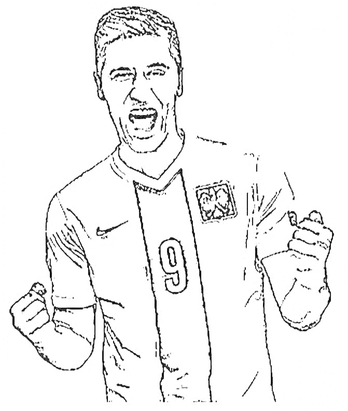 На раскраске изображено: Футболист, Номер 9, Футбольная форма, Кричащий, Триумф, Поднятые кулаки, Спортсмен