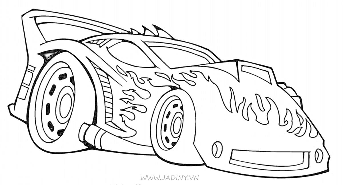 Раскраска Гоночный автомобиль с огненными узорами