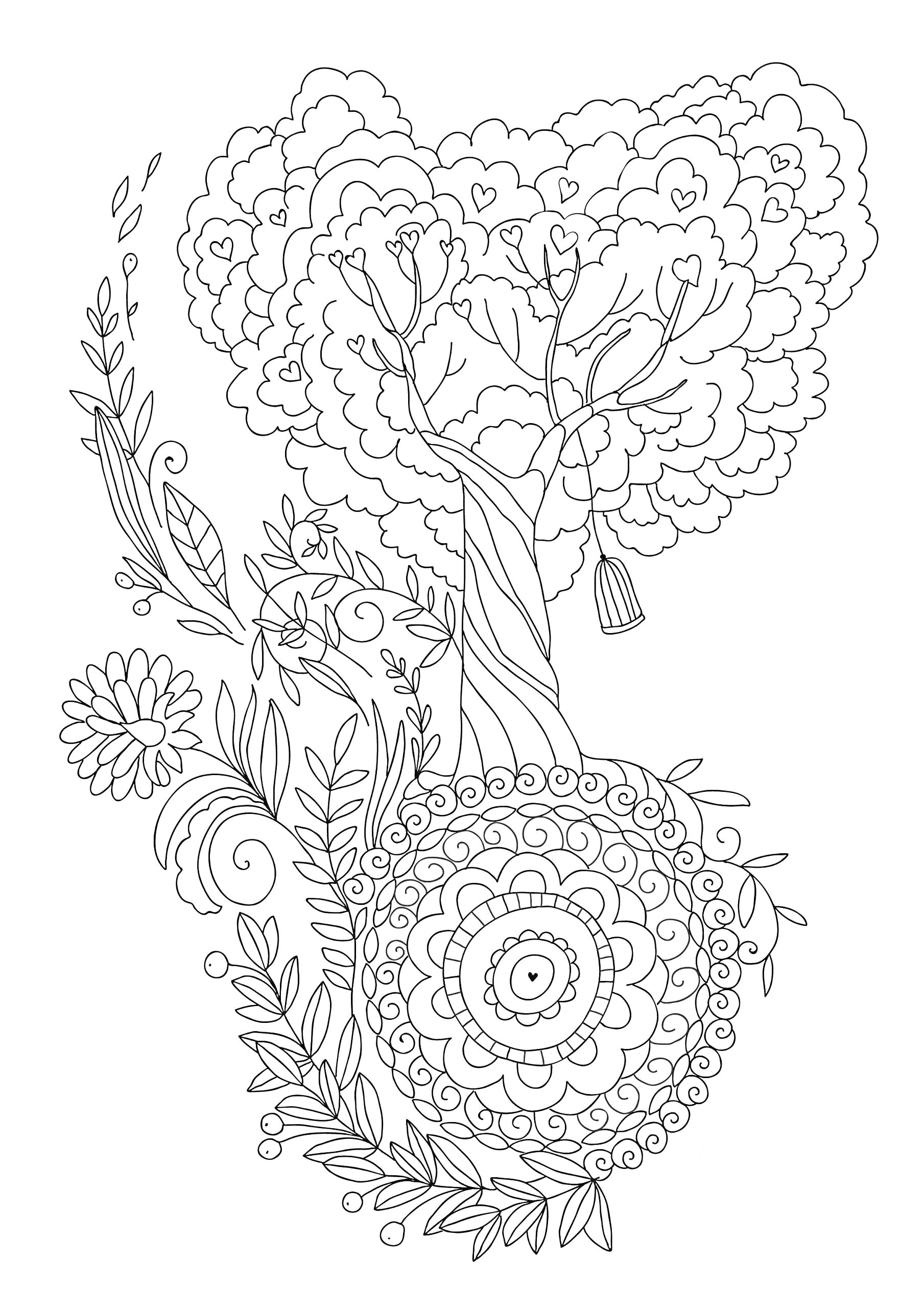 Раскраска Дерево с кружевным стволом и цветочными узорами