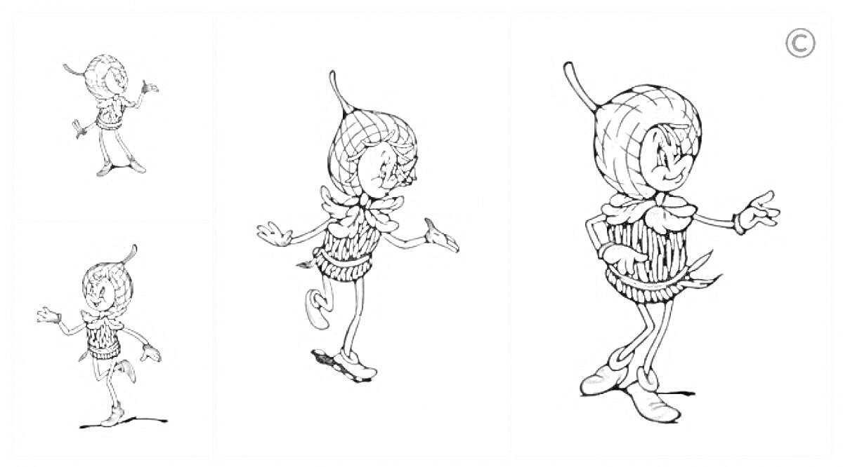Раскраска Персонаж в костюме с ореховой головой и туфельками