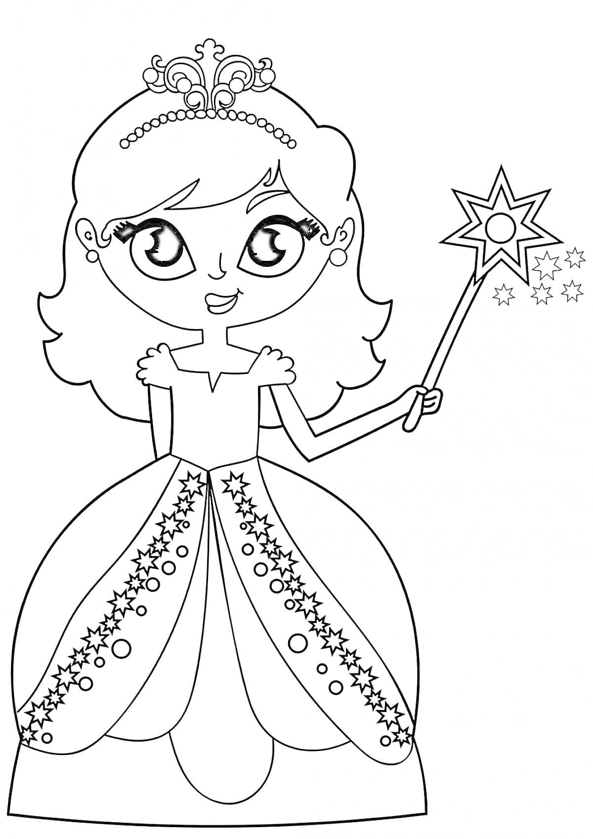 На раскраске изображено: Принцесса, Корона, Волшебная палочка, Платье, Узоры, Звезды