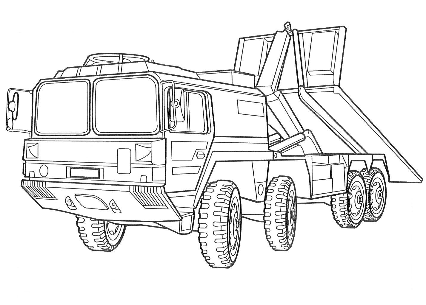 Раскраска Военный грузовик с поднятым кузовом и шестью колёсами
