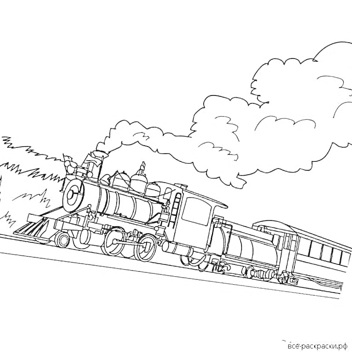 На раскраске изображено: Военный поезд, Паровоз, Вагоны, Рельсы, Железная дорога, Дым, Деревья, Облака, Транспорт