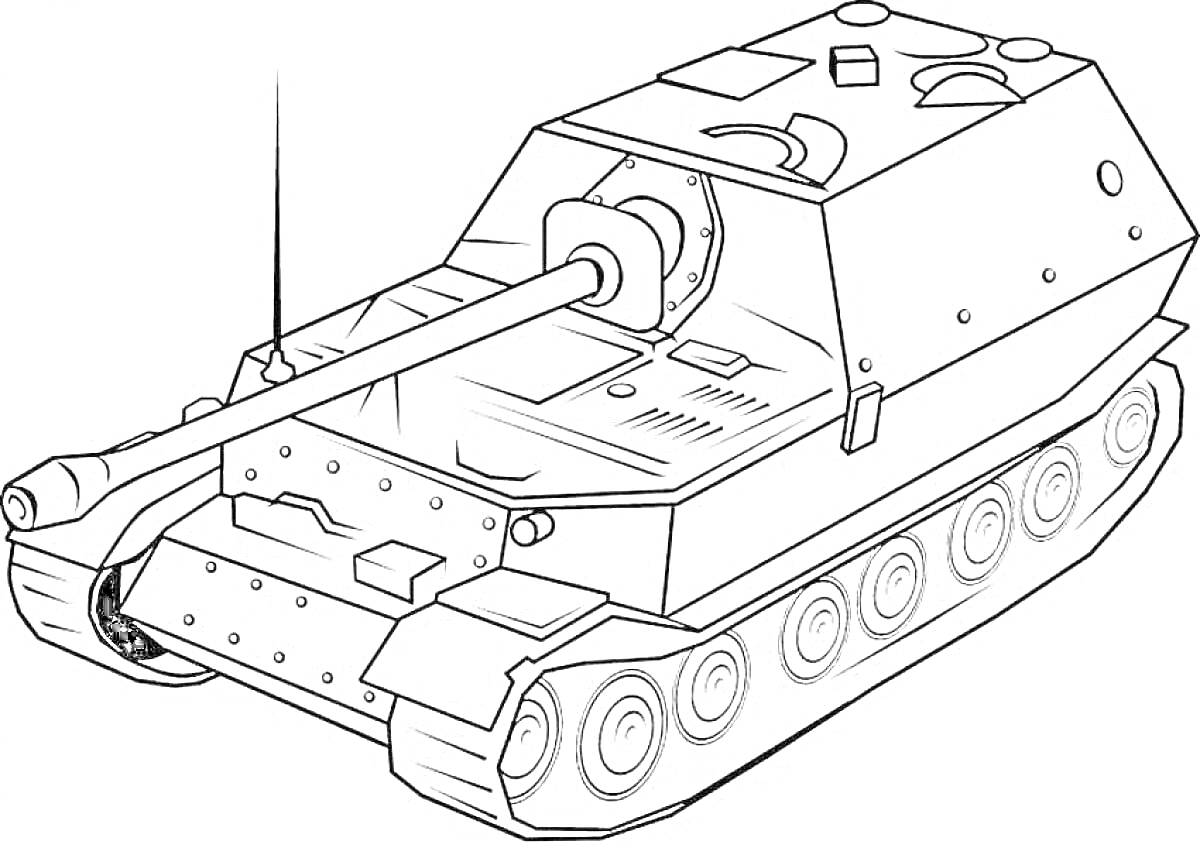 На раскраске изображено: Танк, Пушка, Гусеницы, Военная техника, Боевой транспорт, Артиллерия
