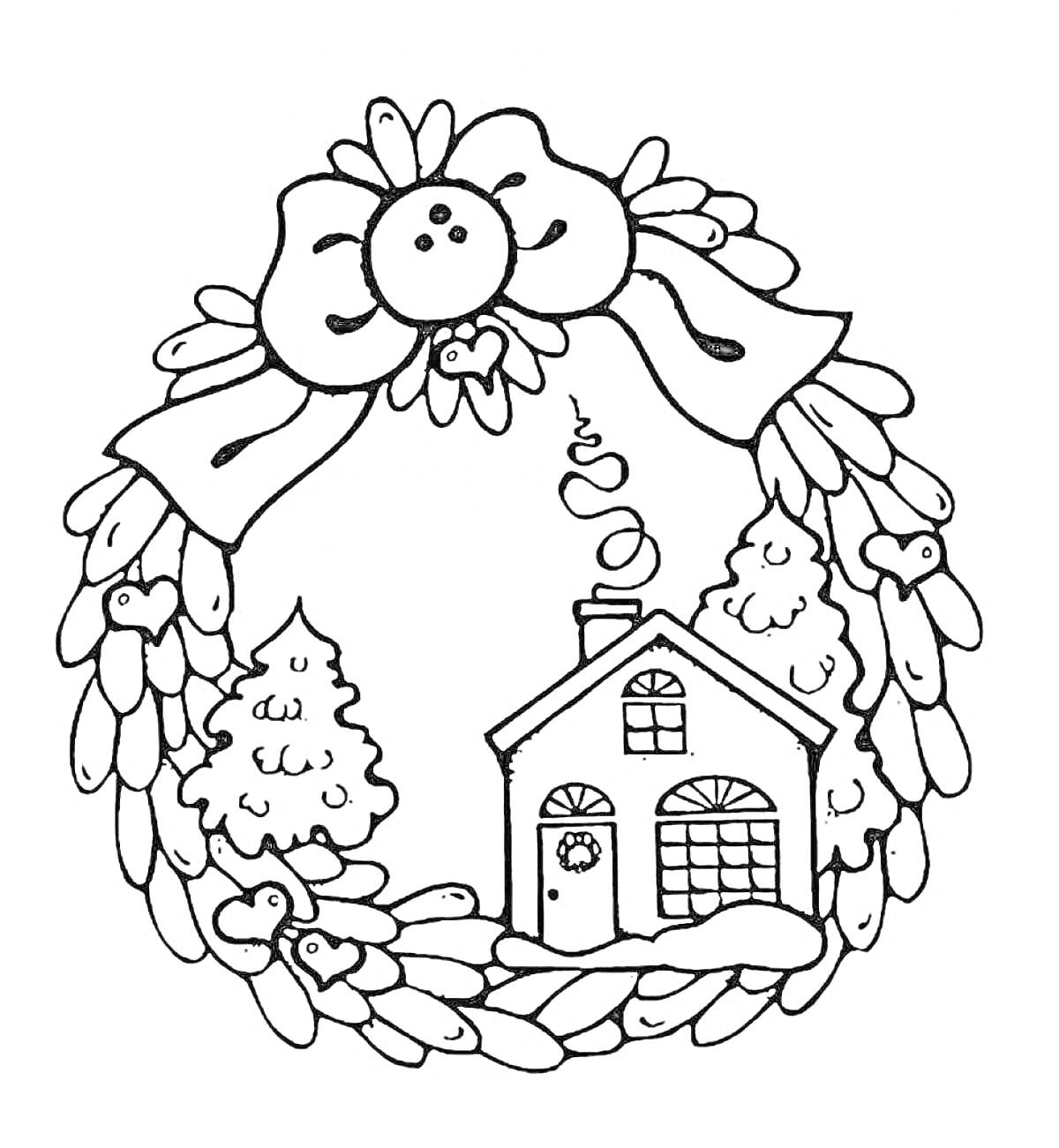 Раскраска Рождественский венок с домиком, елкой и снежинками