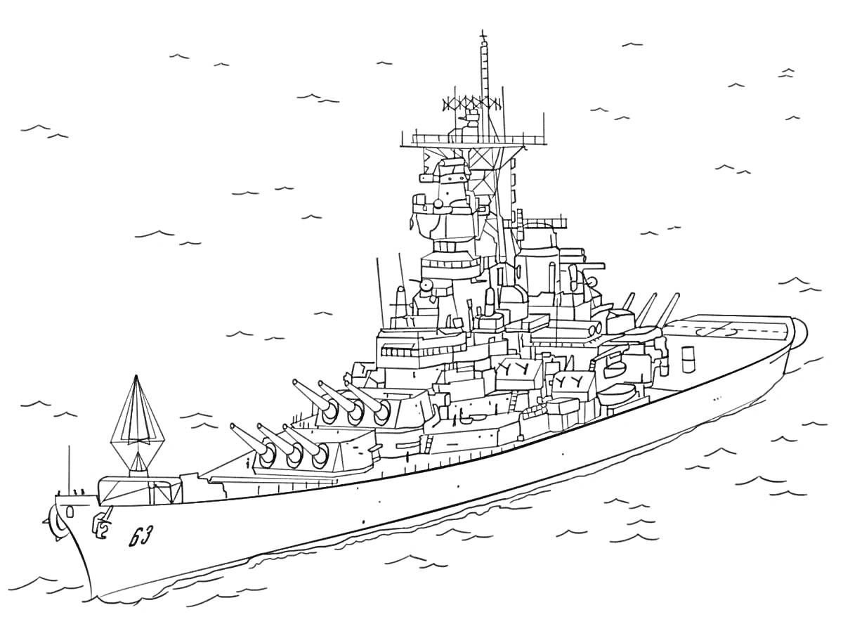 На раскраске изображено: Крейсер, Военный корабль, Башни, Радар, Море, Надстройки, Корабль, Военная техника, Контурные рисунки