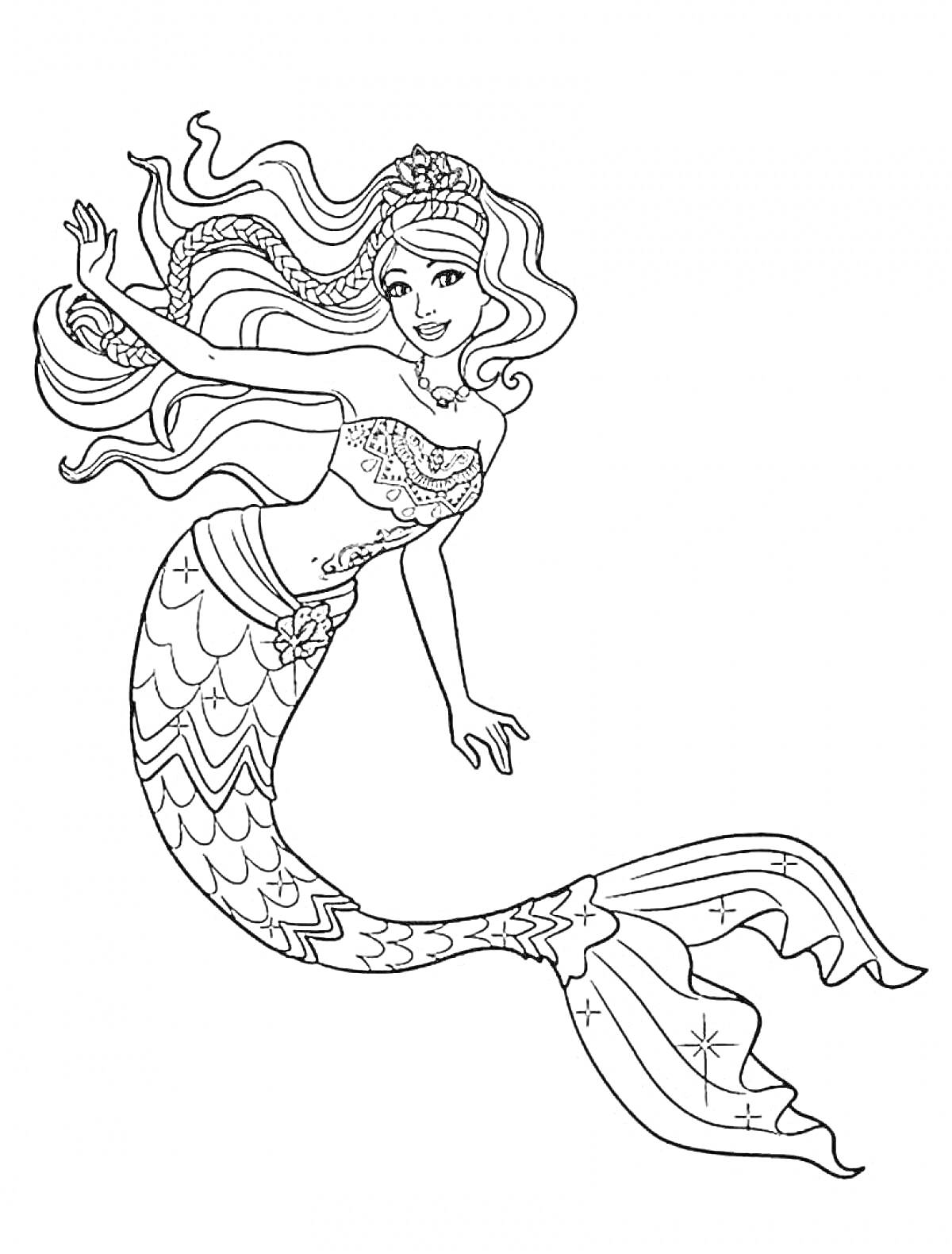 Барби русалка с длинными волнистыми волосами, украшенными цветами, в топе с декоративными элементами и рыбьим хвостом с узорами и звездами