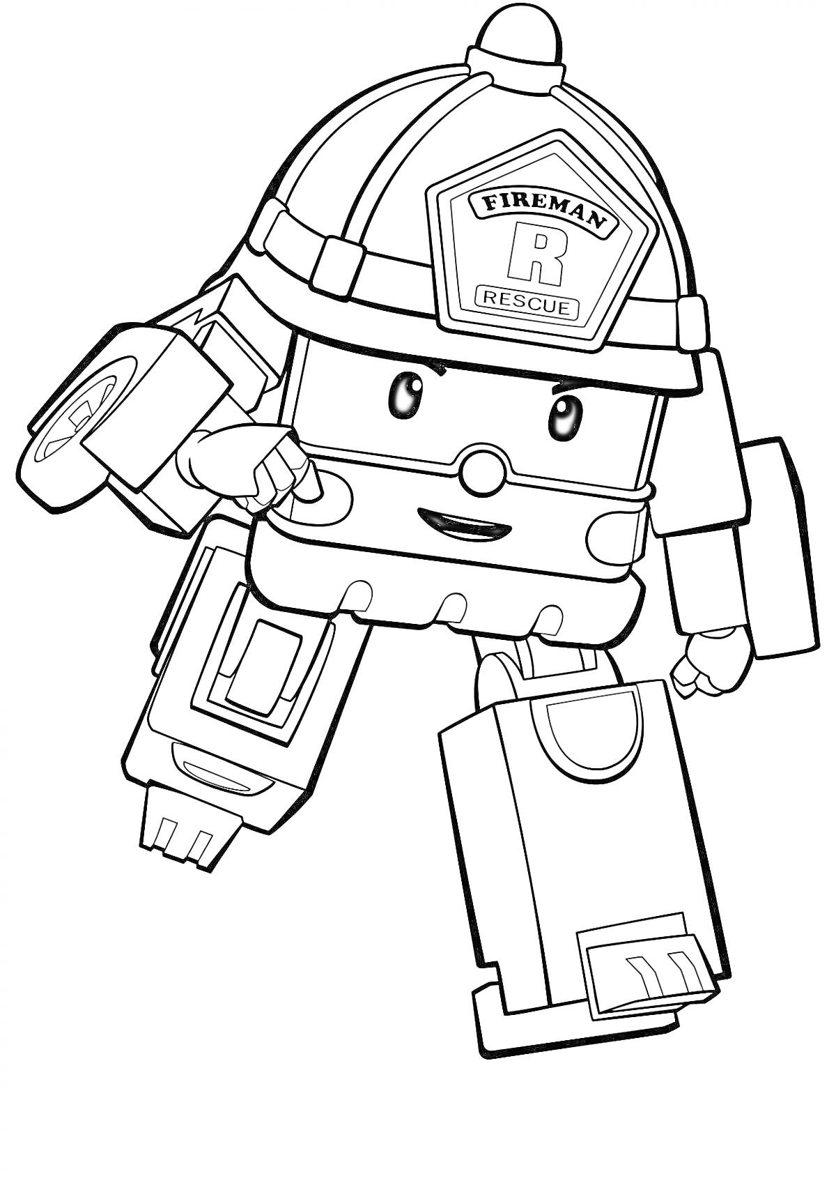 Раскраска Пожарный робокар с каской и выражением лица, поднимающий руку.