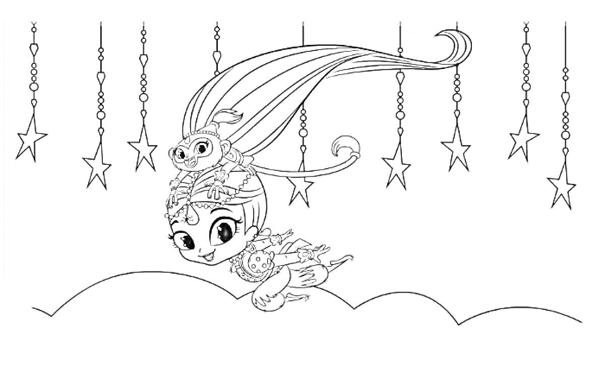Раскраска Девочка с высоким хвостом и животным на голове летает над облаками, окруженная висячими звездами