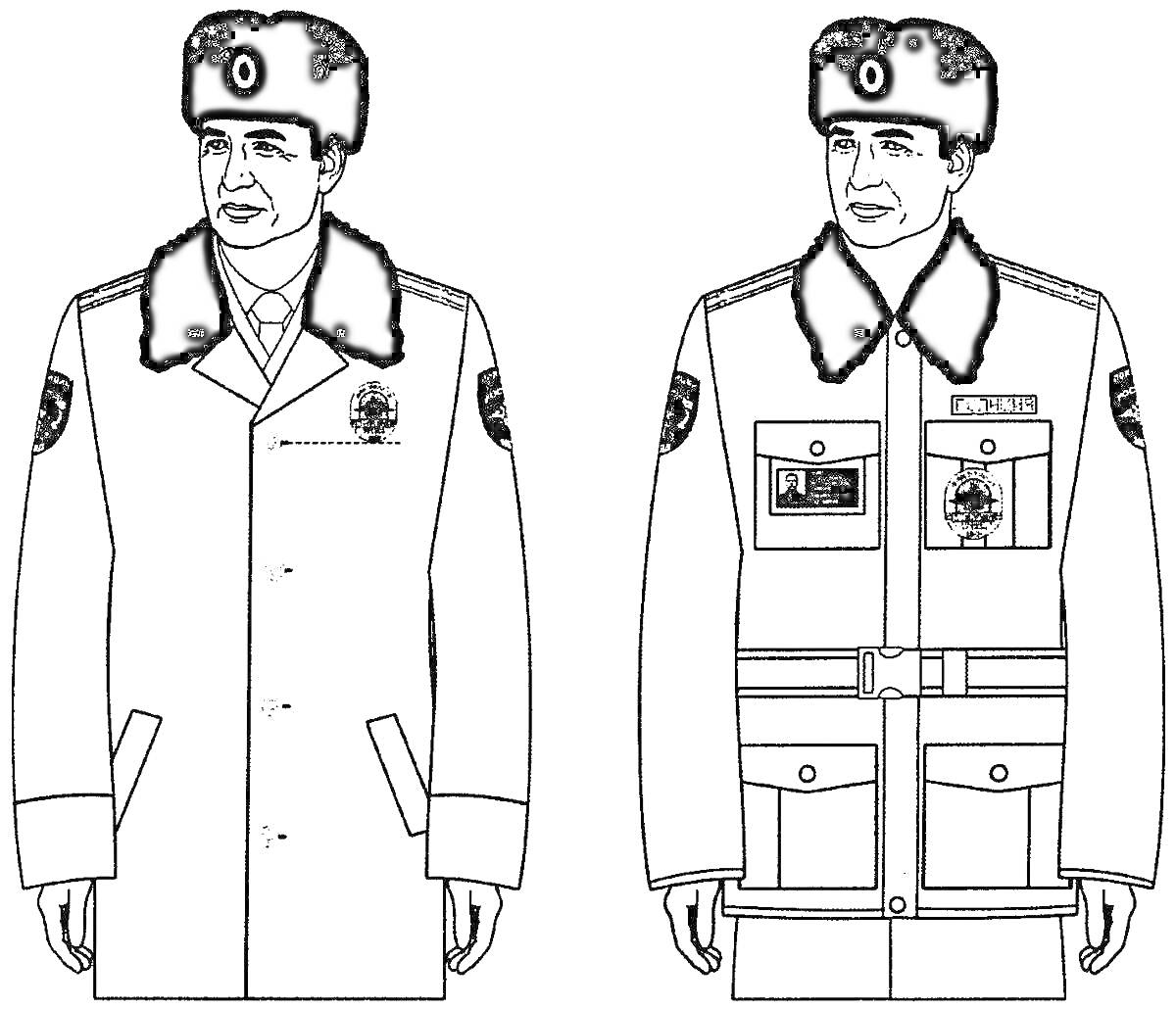 Раскраска Военная форма - зимнее пальто и куртка с меховым воротником и головным убором