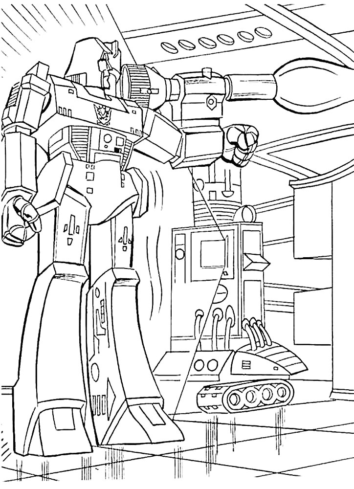 Раскраска Робот-трансформер с пушкой и машиной-минитанком на платформе в космической базе