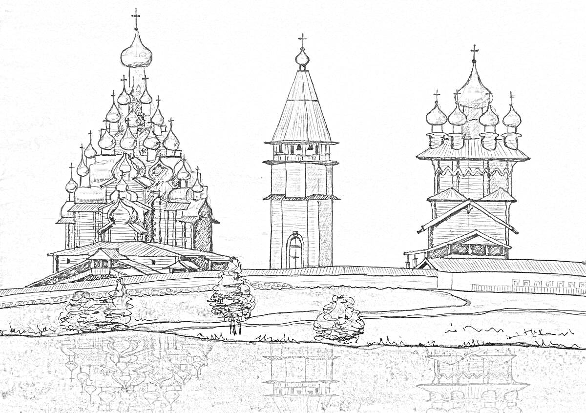 Раскраска Архитектурный ансамбль Кижского погоста: Преображенская церковь, колокольня и Покровская церковь