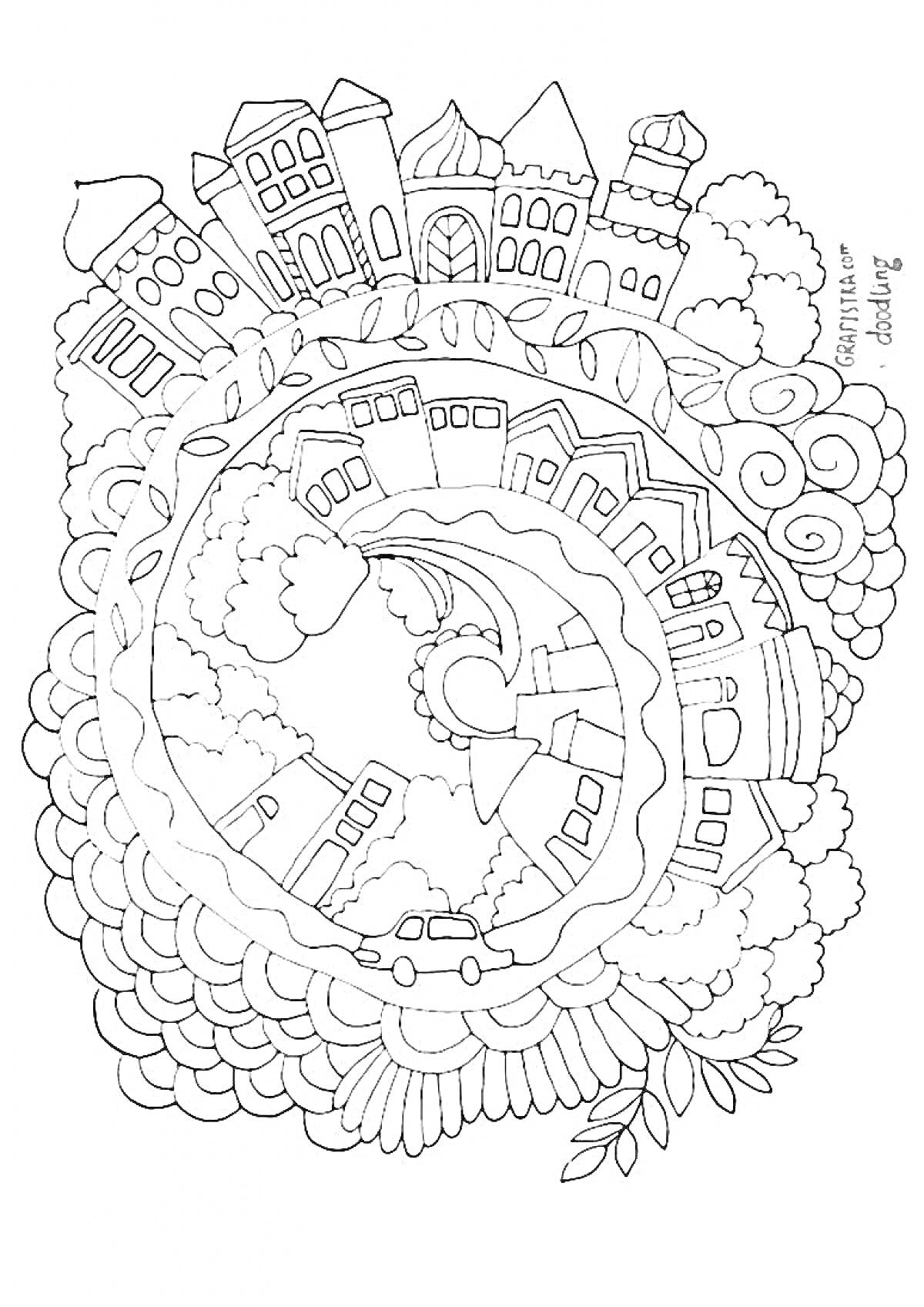 Раскраска Городской пейзаж с домами, деревьями, автомобилем и абстрактными узорами