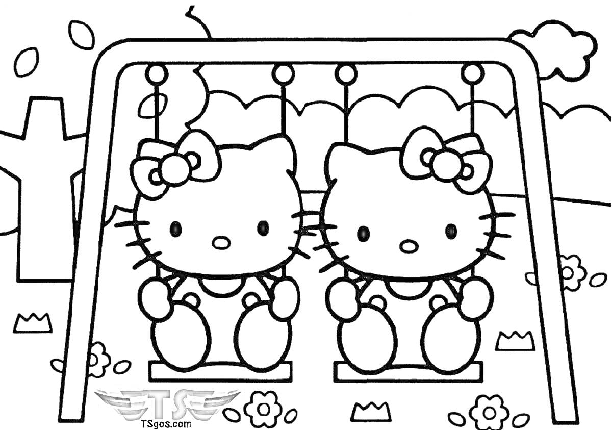 Раскраска Hello Kitty и ее друг(подруга) на качелях на фоне природы (дерево, цветы и трава)