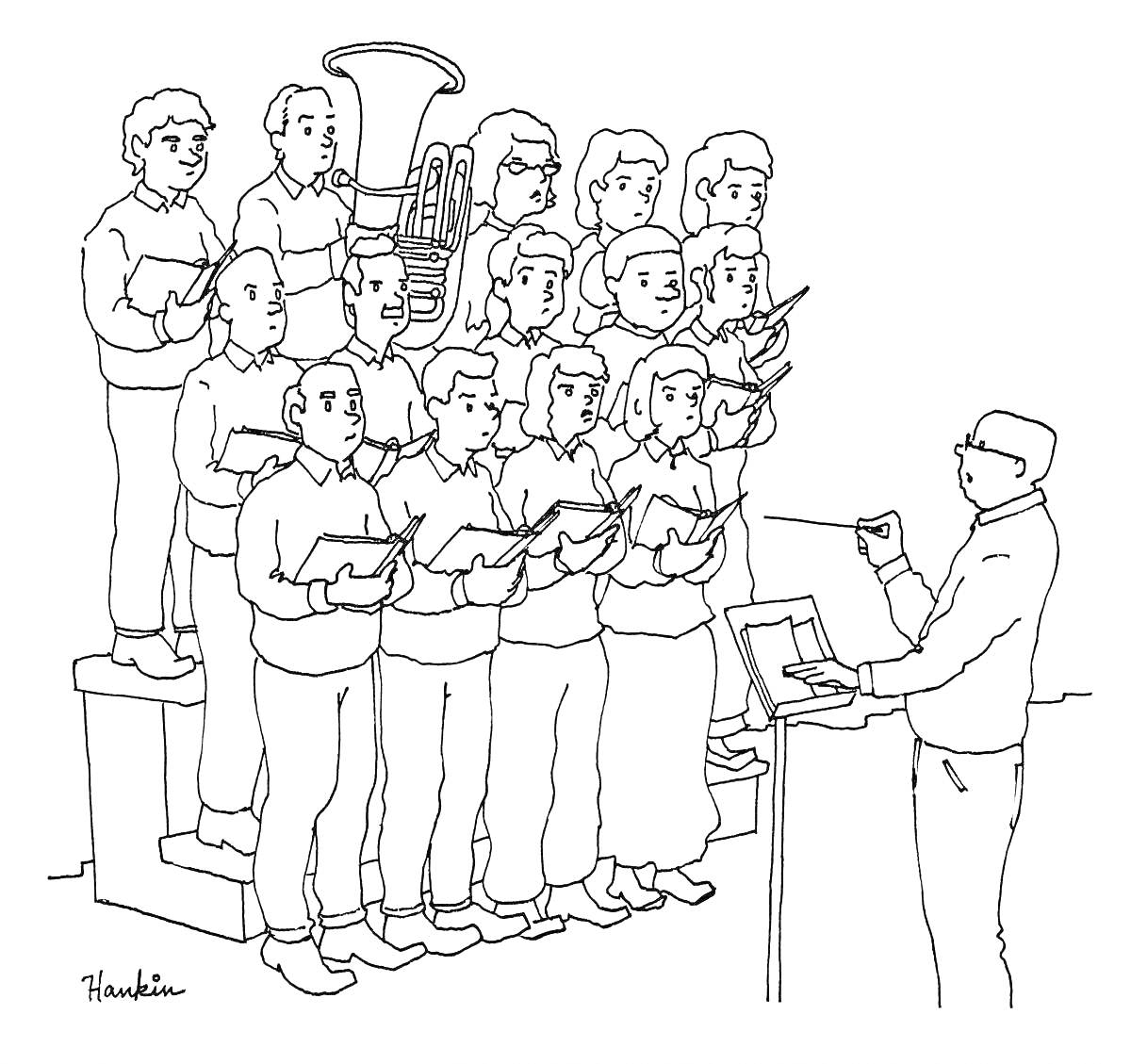 На раскраске изображено: Хор, Дирижер, Ноты, Шаги, Труба, Музыка, Пение, Выступление, Музыкальные инструменты