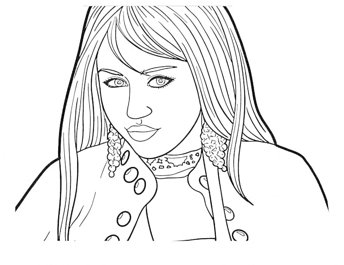 Раскраска Портрет девушки с длинными волосами, в серьгах и с пуговицами на куртке