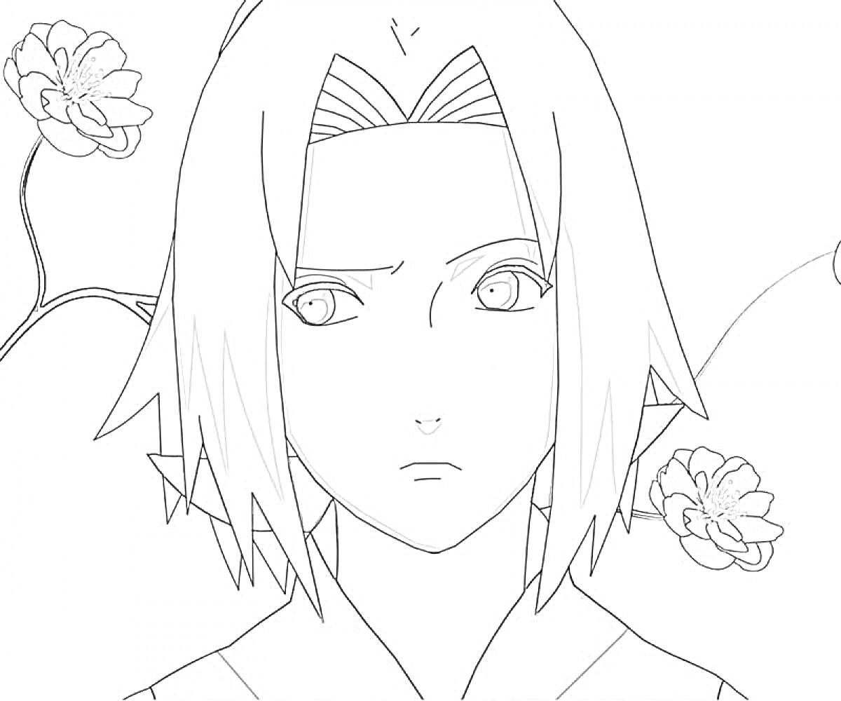 Раскраска Девушка с короткими волосами на фоне ветвей сакуры с цветами
