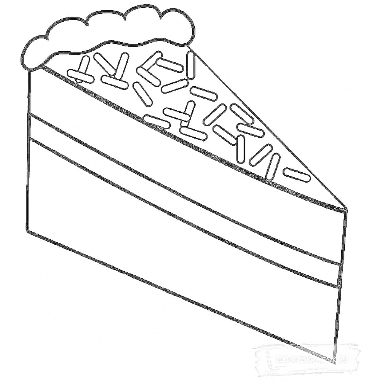 Раскраска Кусок шоколадного торта с глазурью и посыпкой