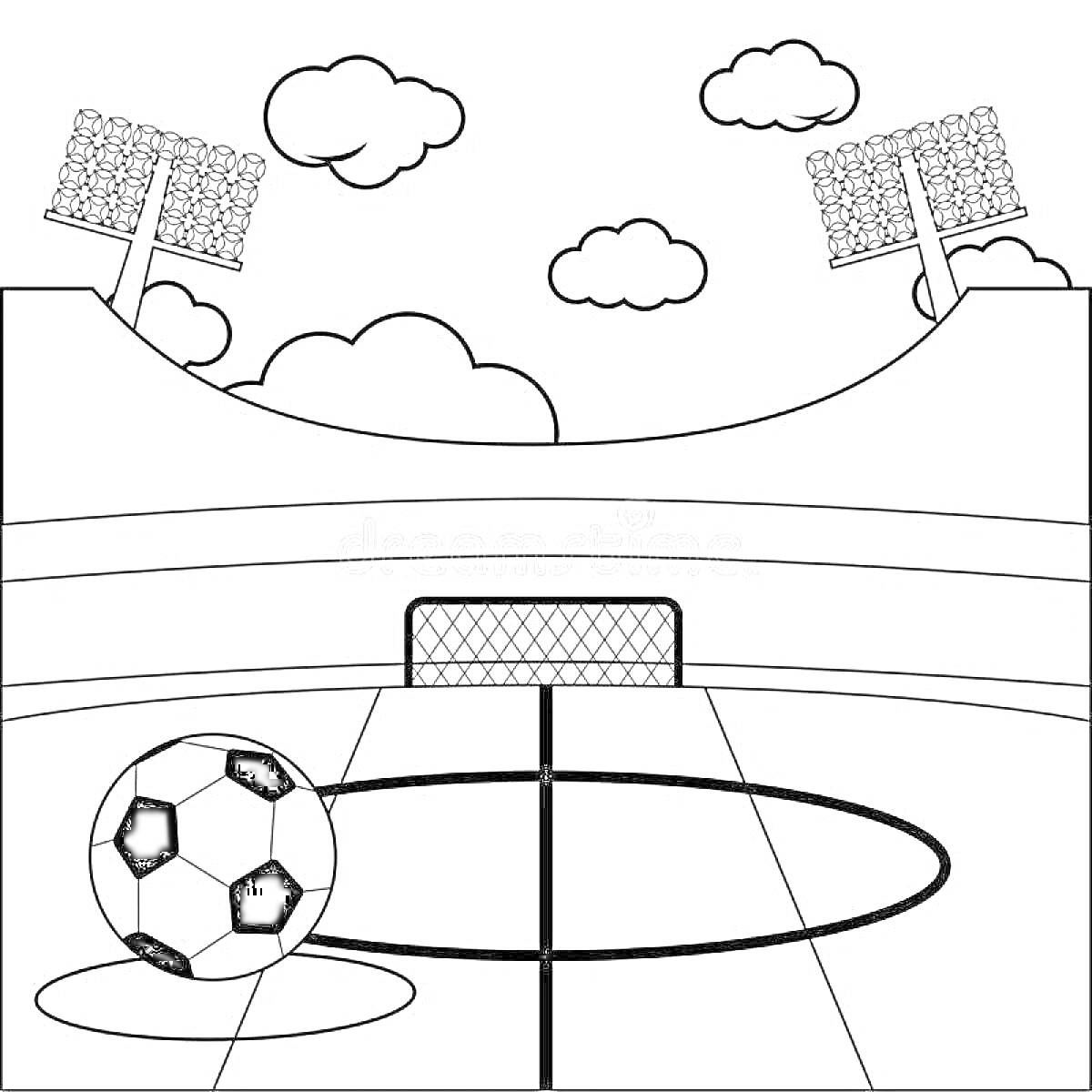 На раскраске изображено: Футбольное поле, Стадион, Ворота, Футбольный мяч, Прожекторы, Облака, Спорт, Игра