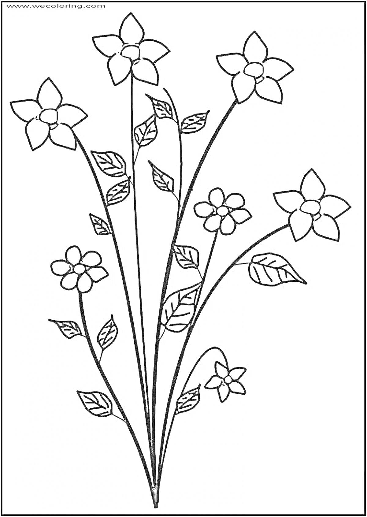 Раскраска Цветочный рисунок с шестью цветками и листьями на стеблях