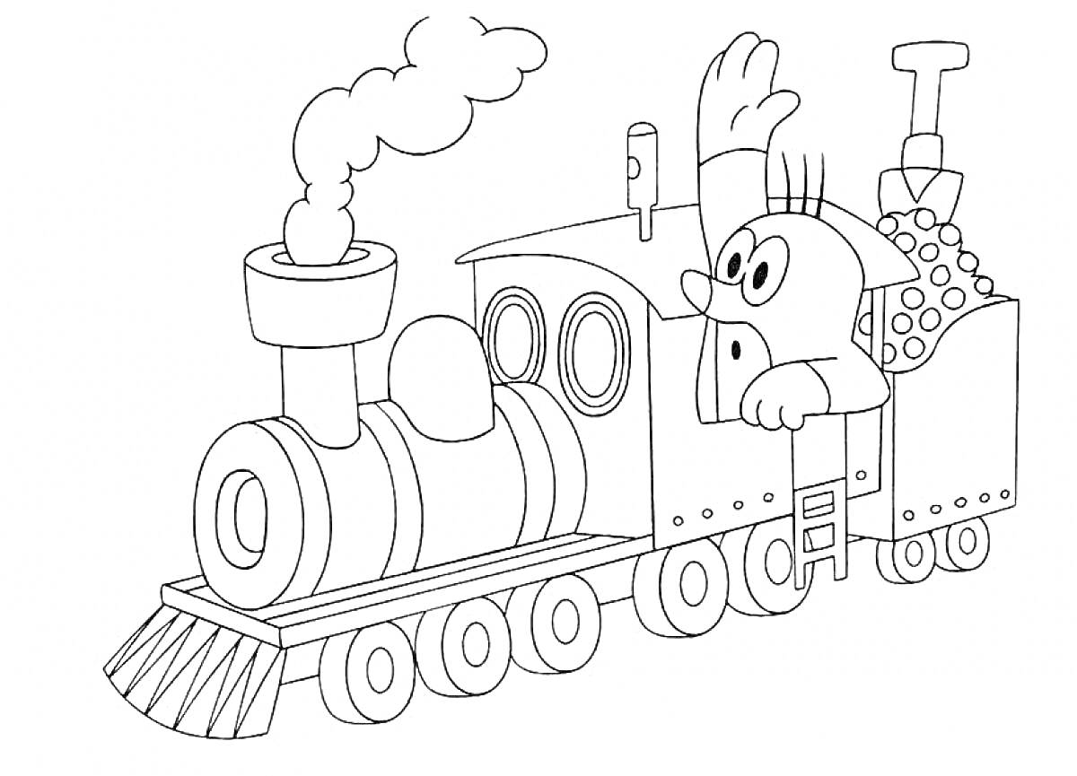 Раскраска Паровоз с трубой, машинистом с ушками и котлом с углем