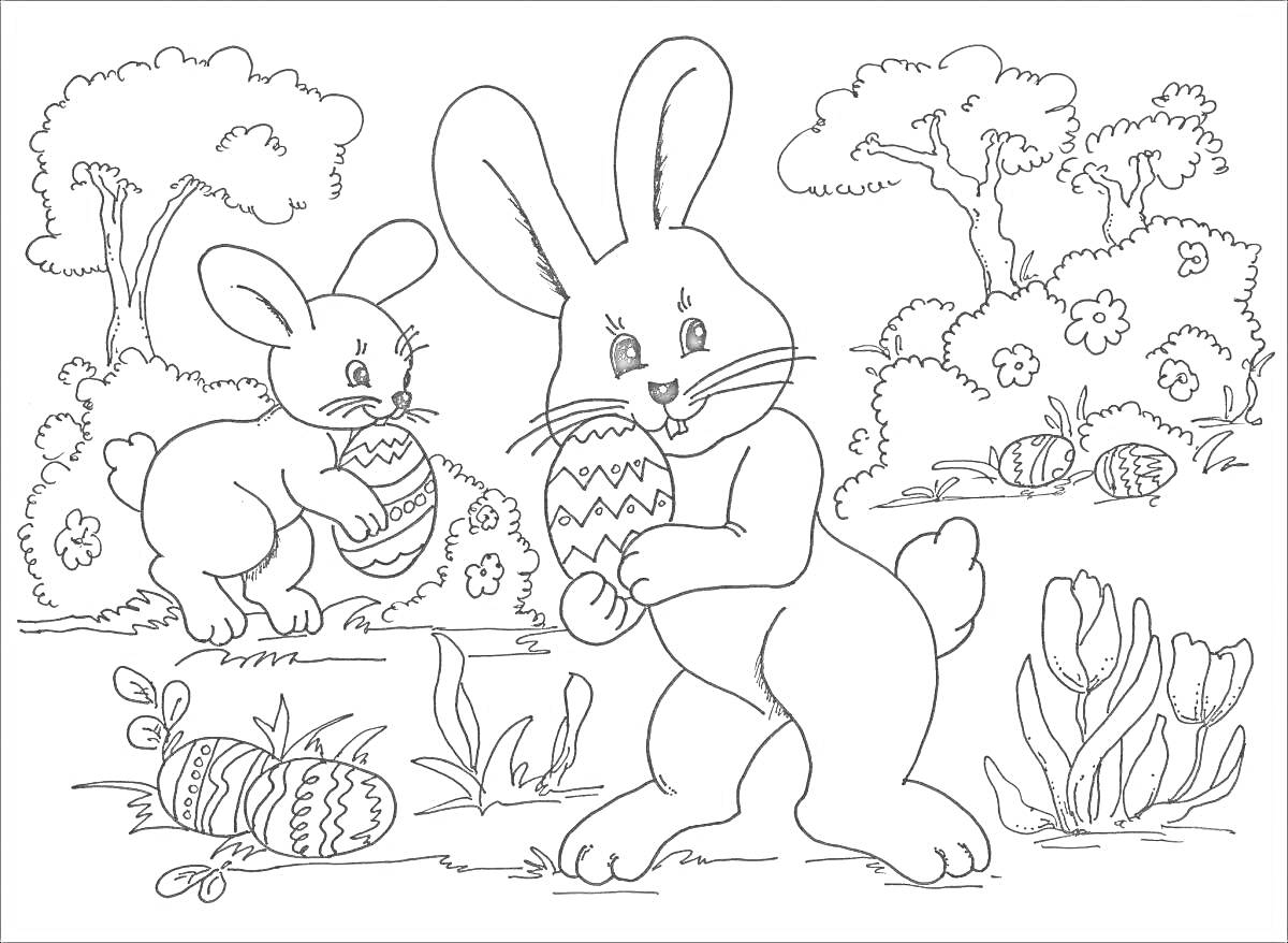 На раскраске изображено: Зайчата, Пасхальные яйца, Деревья, Цветы, Поляна, Природа