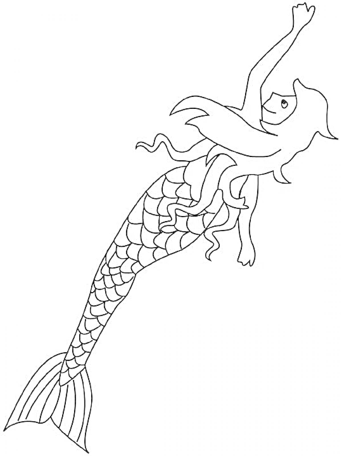 На раскраске изображено: Сирена, Длинные волосы, Чешуйчатый хвост, Подводный мир