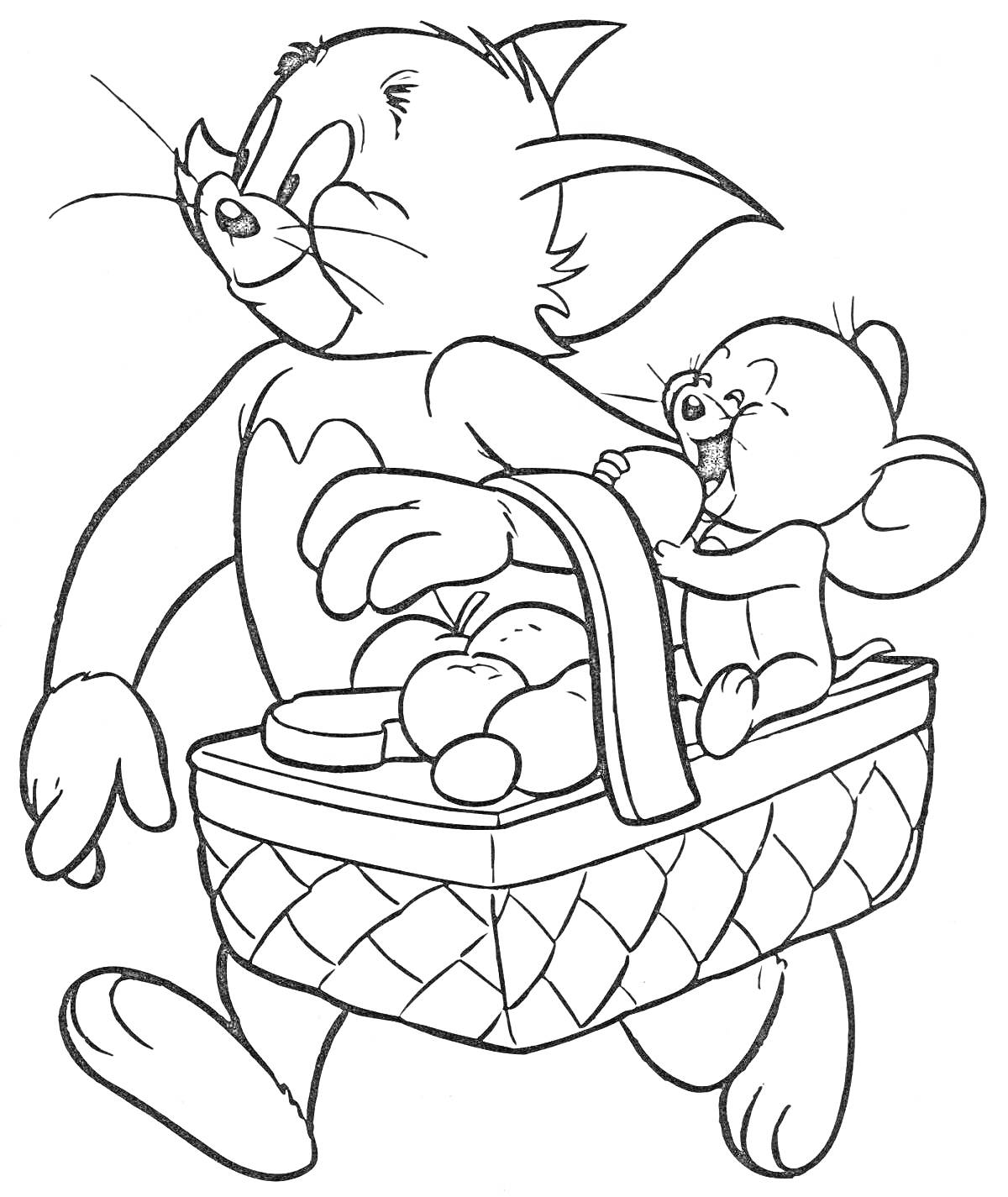 На раскраске изображено: Кот, Корзина, Пикник, Фрукты, Для детей, Мышь