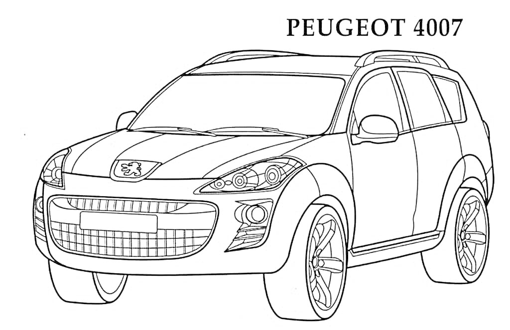 Раскраска Peugeot 4007, автомобиль, вид спереди, логотип Пежо