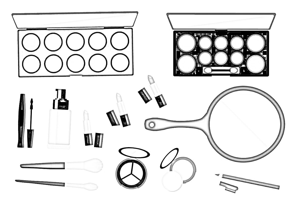 На раскраске изображено: Палетка теней, Помада, Зеркало, Кисти, Румяна, Карандаши, Косметика, Макияж, Тушь для ресниц