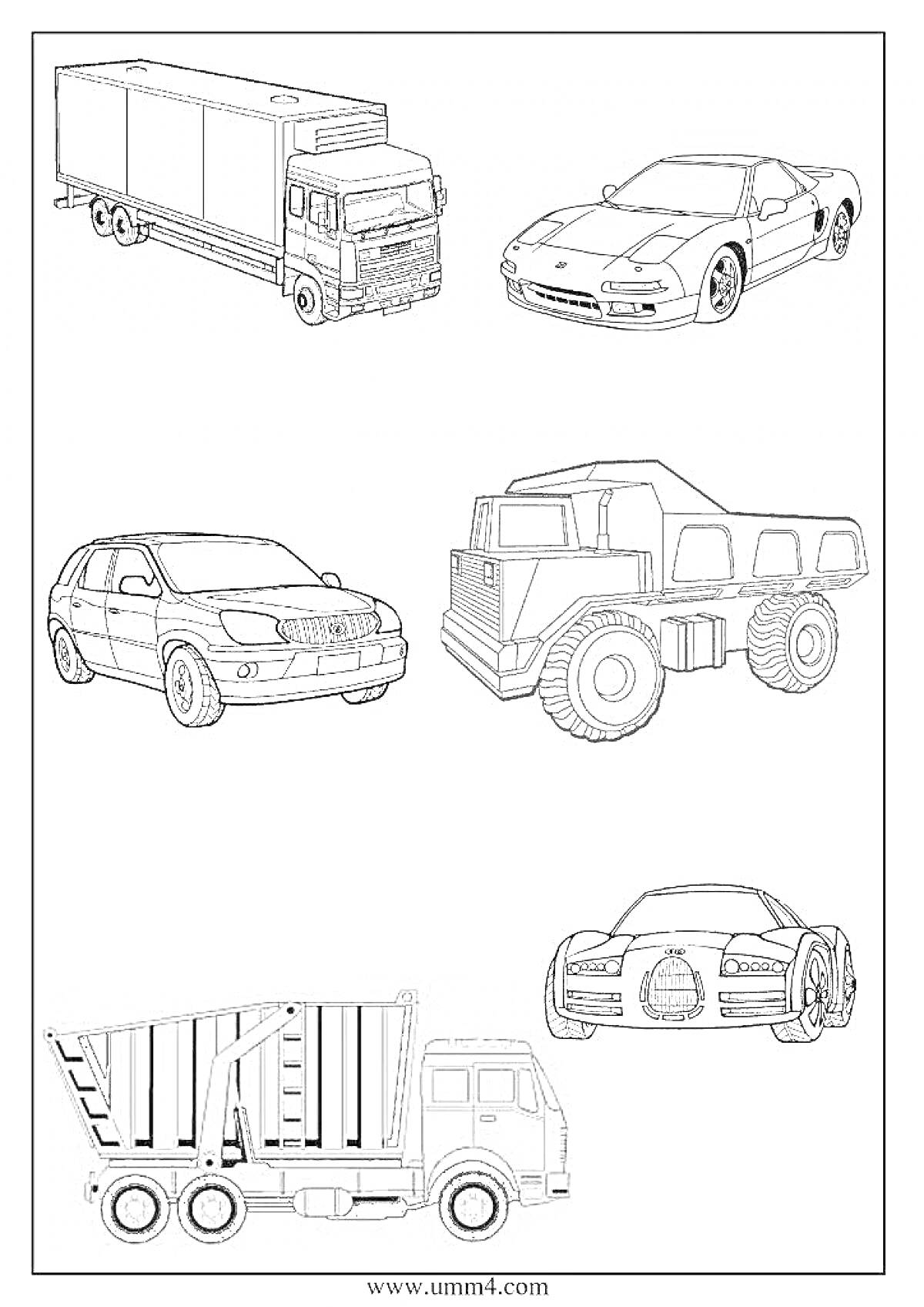 На раскраске изображено: Спортивная машина, Внедорожник, Военный транспорт, Мусоровоз, Транспорт