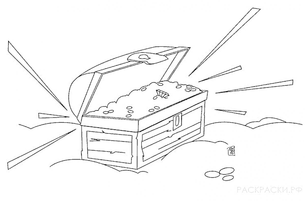 Раскраска Открытый сундук с сокровищами, монеты внутри и снаружи сундука, лучи света