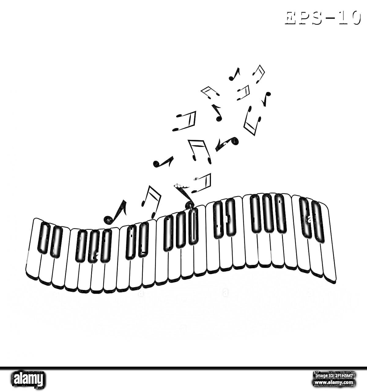 Раскраска Волнистые клавиши пианино с летающими нотами
