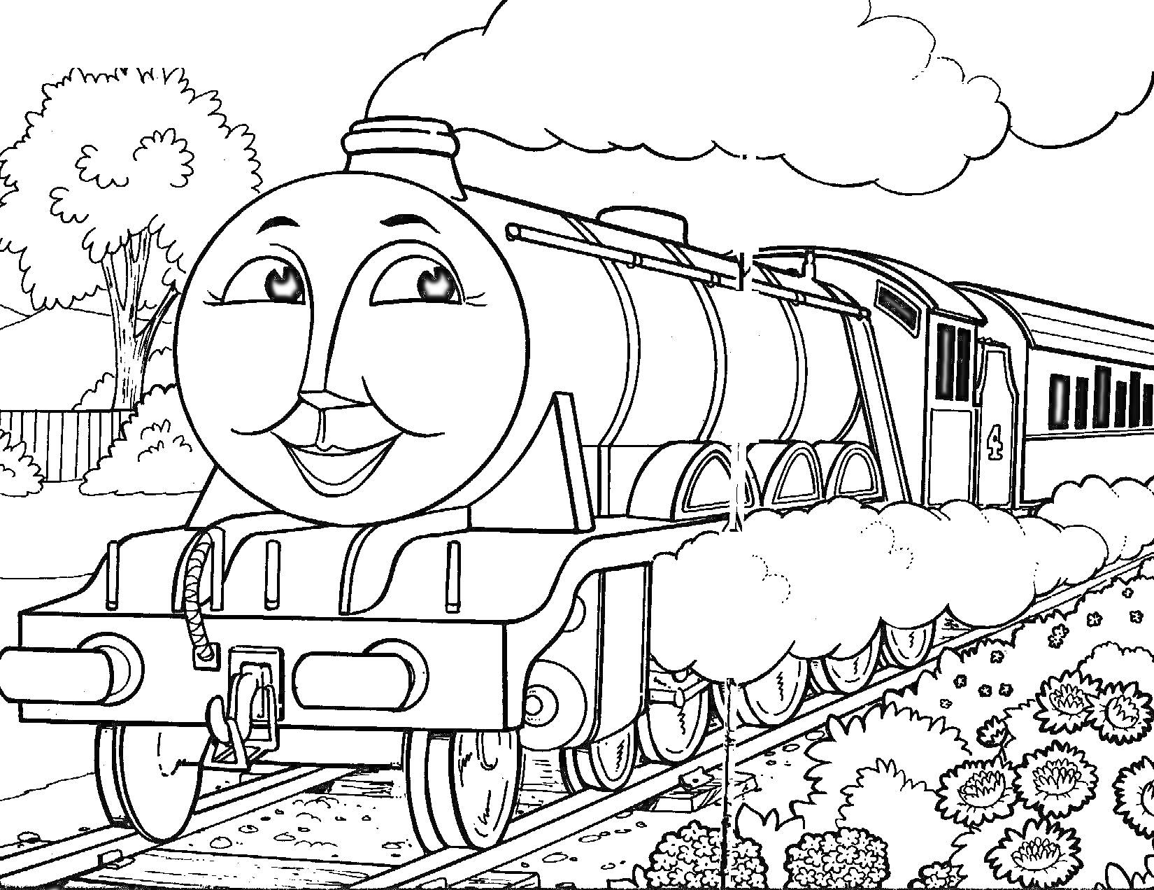 Раскраска Паровозик Томас на железной дороге с пассажирским вагоном на фоне деревьев и кустов