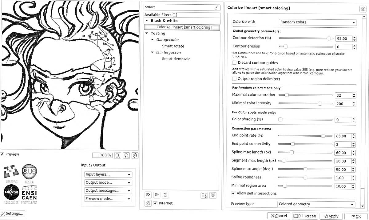  Окно программы для раскрашивания с изображением лица девушки, панель настроек и логотипы программного обеспечения внизу