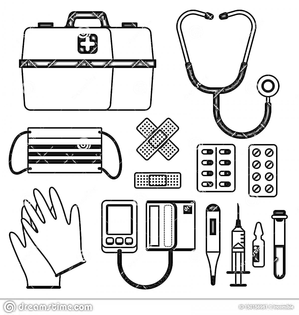 Раскраска Набор медицинских инструментов для детей: аптечка, стетоскоп, маска, пластыри, упаковка таблеток, перчатки, тонометр, градусник, шприц, ампулы, пробирка