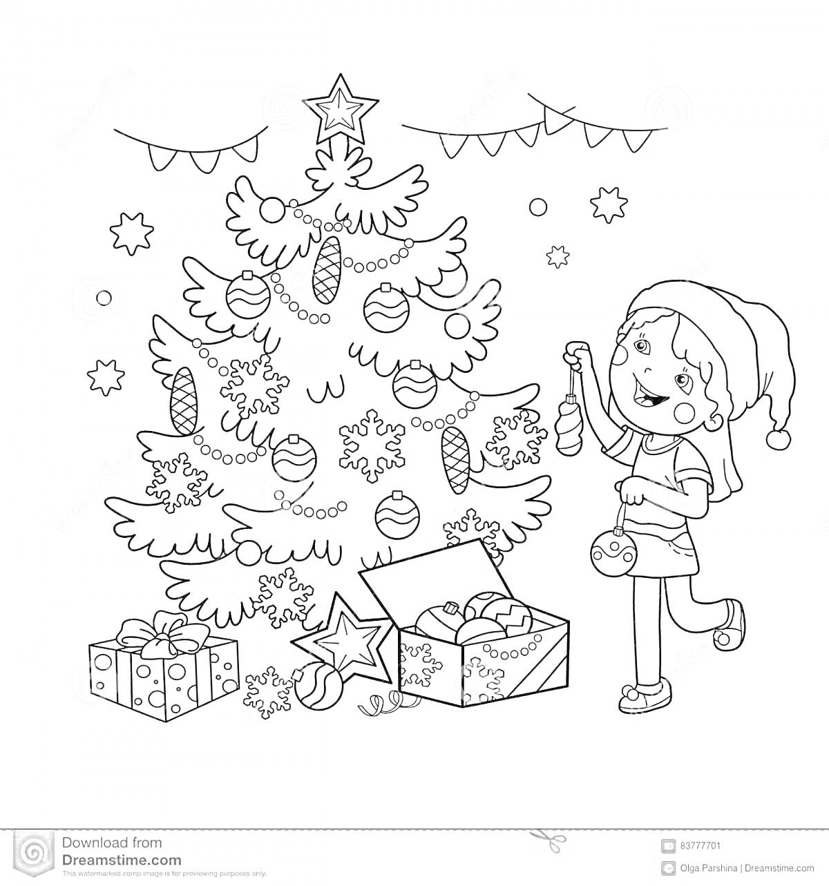 На раскраске изображено: Ребенок, Новый год, Рождество, Игрушки, Подарки, Звезды, Шары, Гирлянда