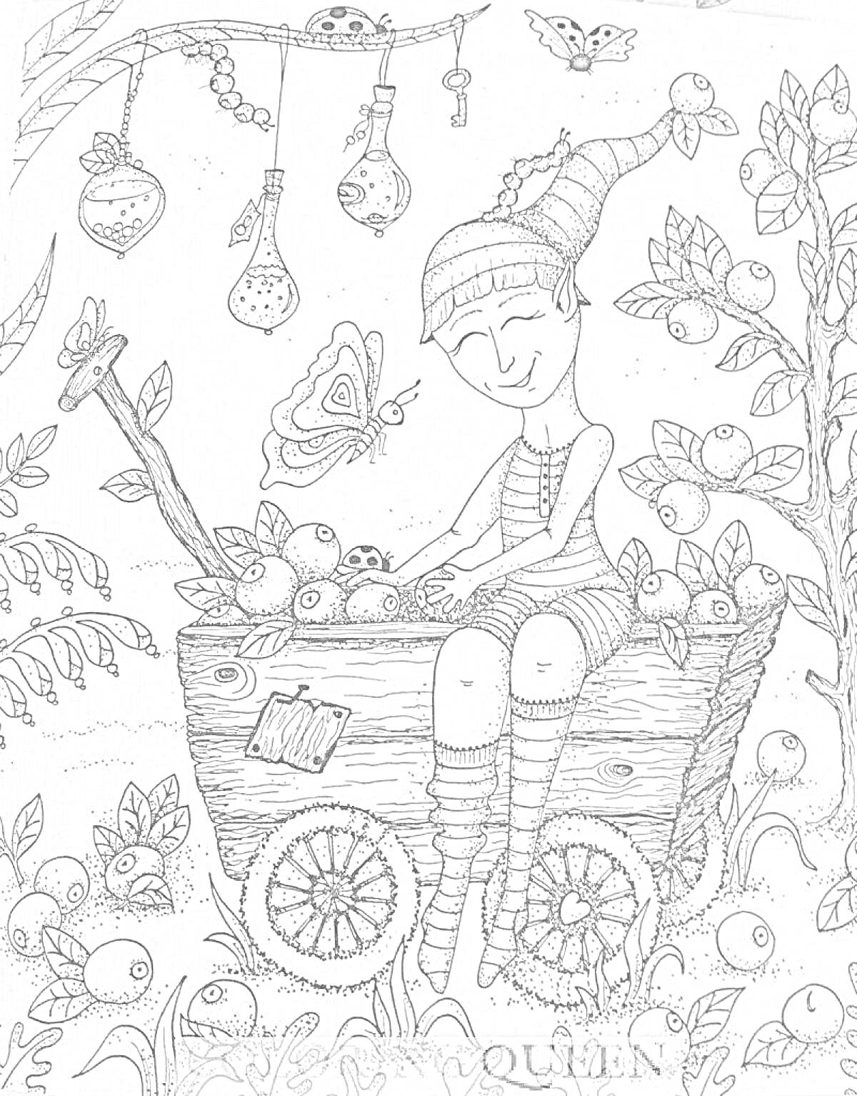 Раскраска Девочка на тележке с яблоками, бабочками и гирляндой из лампочек