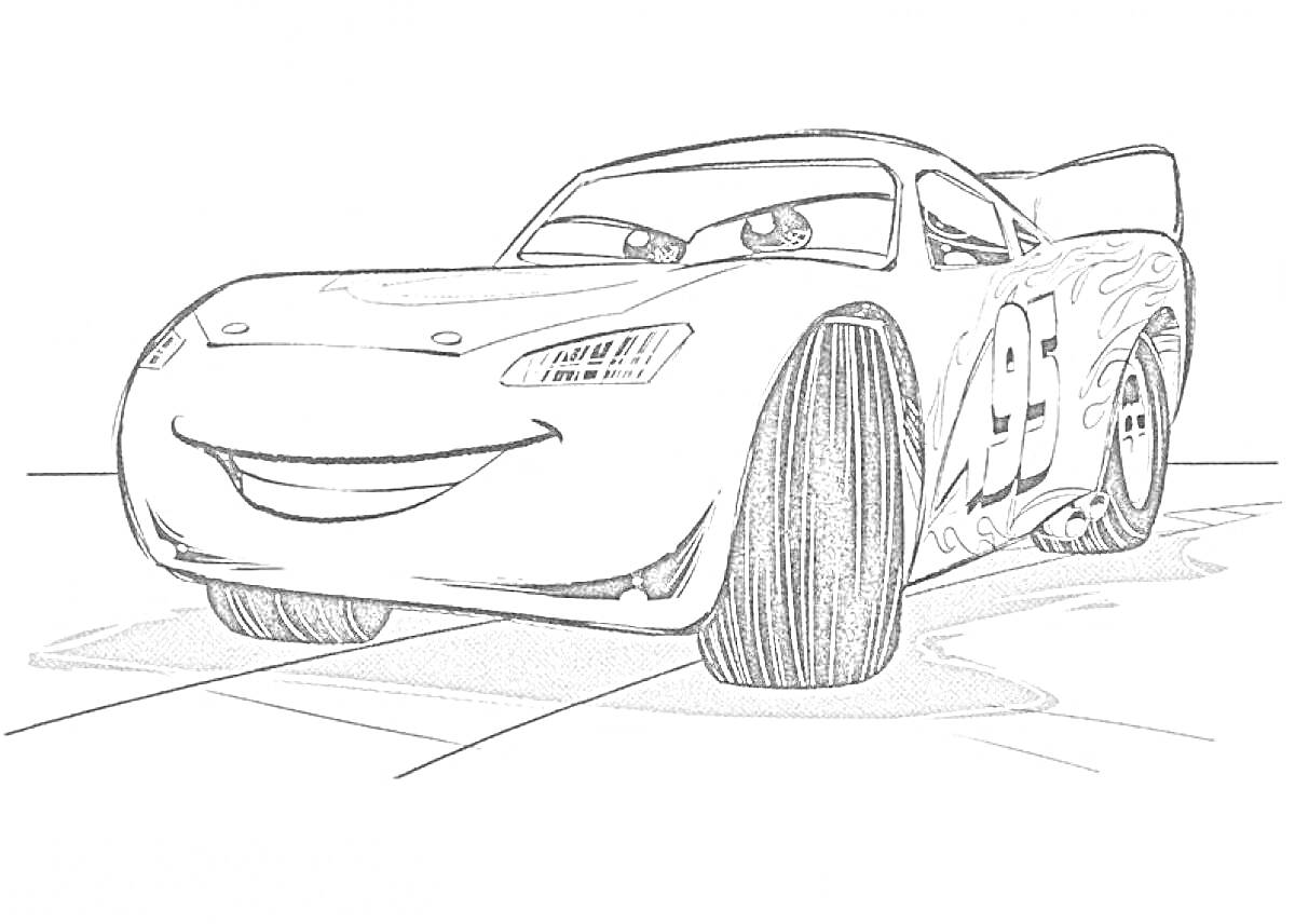 Раскраска Гоночная машина из мультфильма Тачки 3, вид спереди, машина улыбается, номер 95 на боку