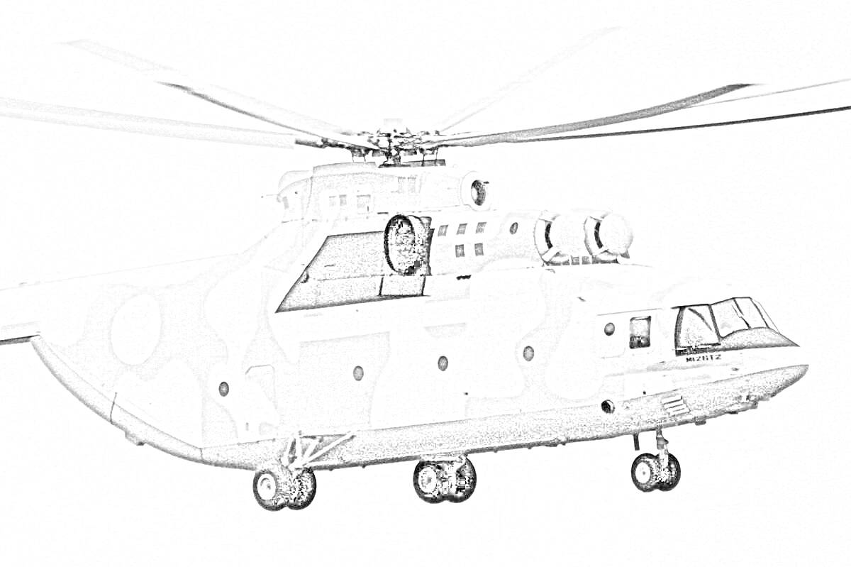 На раскраске изображено: Вертолет, Ми-26, Авиация, Транспорт, Камуфляж, Шасси, Лопасти, Авиационная техника, Техника
