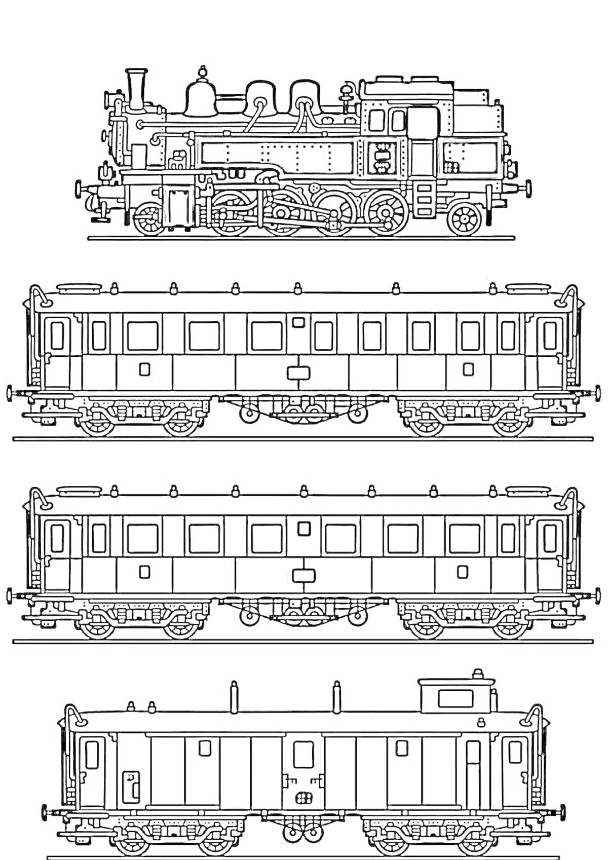 На раскраске изображено: Паровоз, Вагоны, РЖД, Железная дорога, Транспорт, Поезд