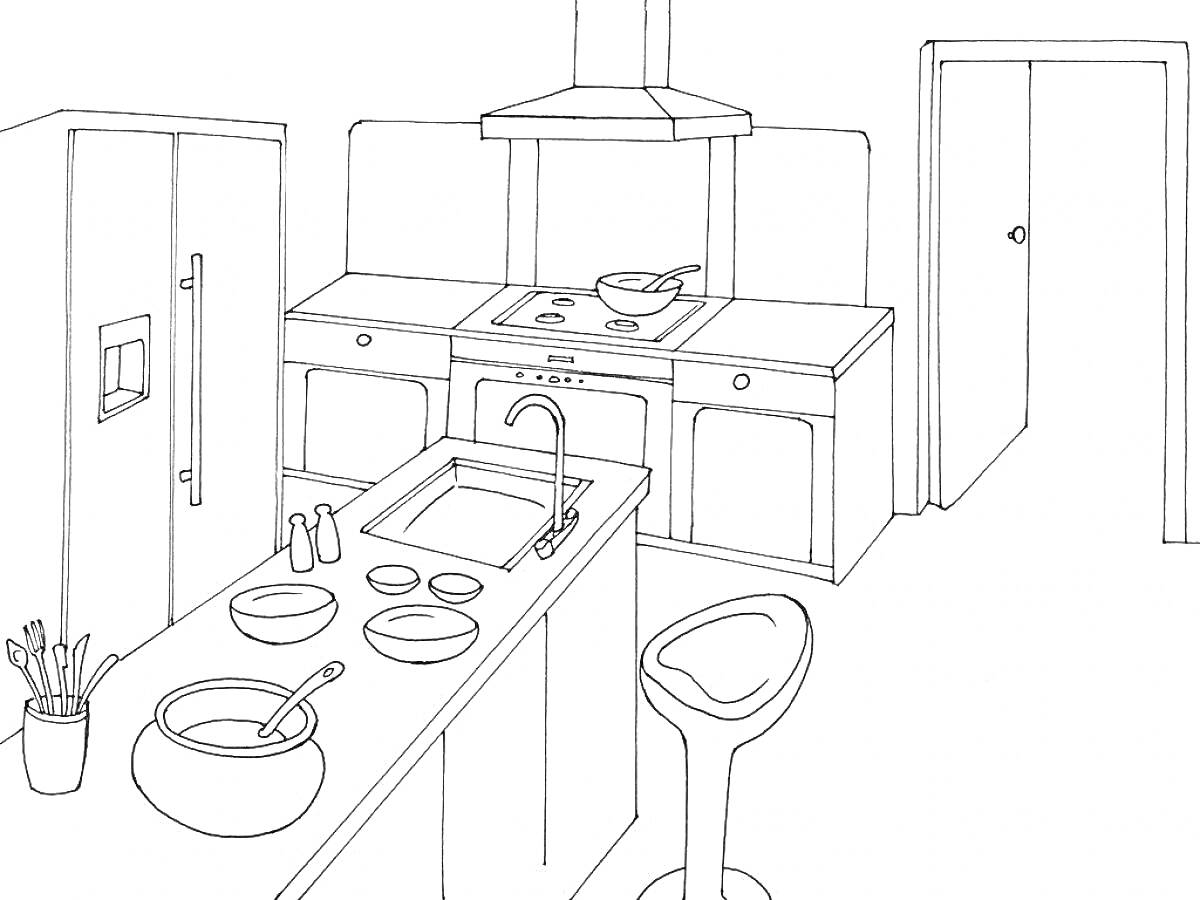 Раскраска Кухонная сцена с холодильником, островком, мисками, плитой, вытяжкой, мойкой, табуретом и кастрюлей