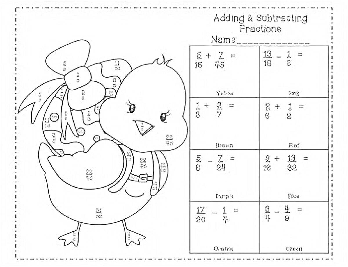 Раскраска Раскраска с задачами на сложение и вычитание дробей с картинкой цыпленка и таблицей с цветами