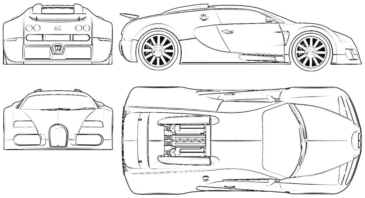 Раскраска Вид спереди, сбоку, сверху и сзади автомобиля Bugatti Chiron