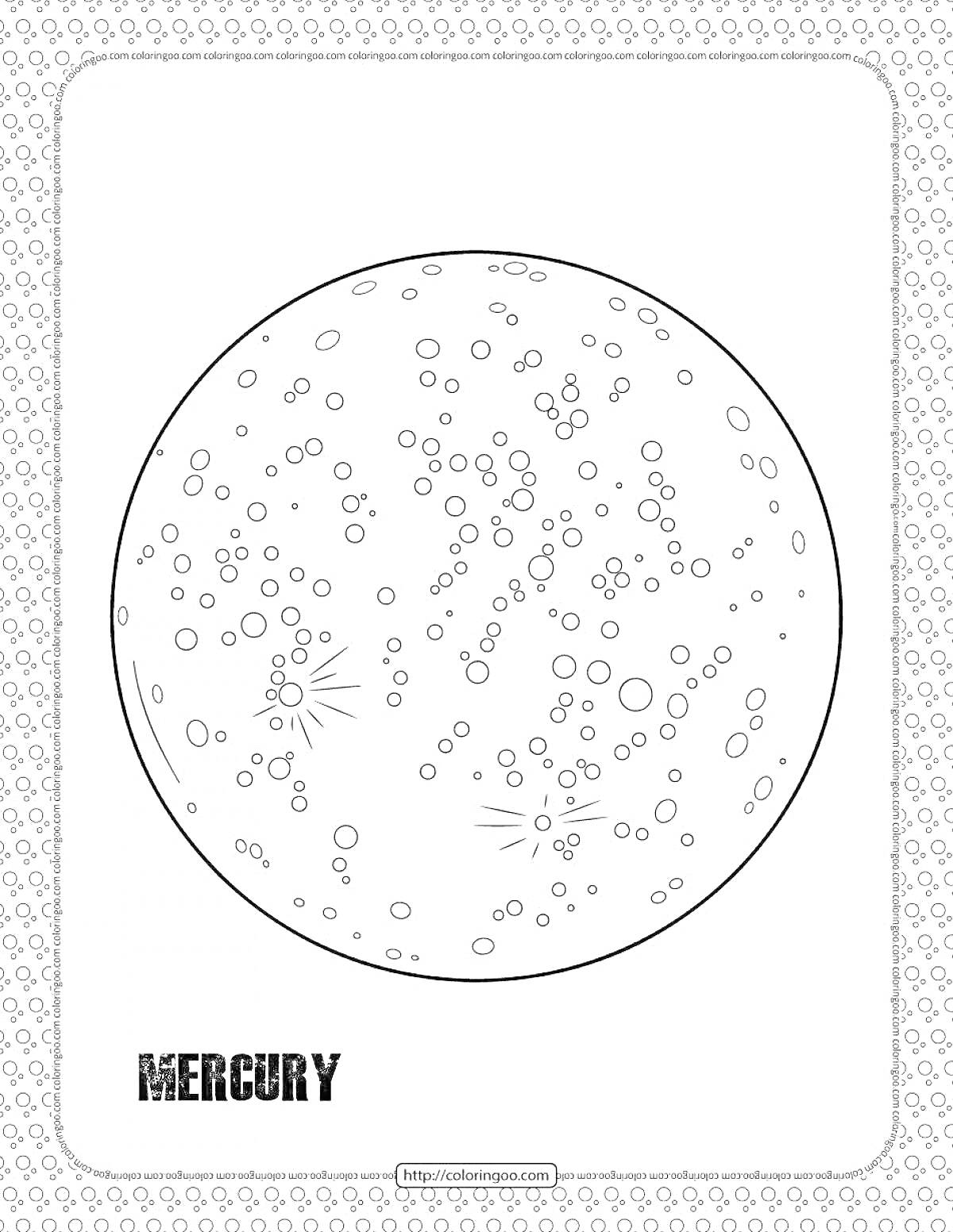 На раскраске изображено: Меркурий, Космос, Кратеры, Надпись